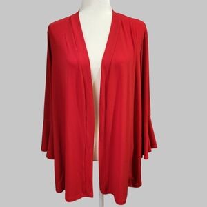 Susan Graver Liquid Knit Open Cardigan Size 2X Red Bell Sleeves Elegant Timeless
